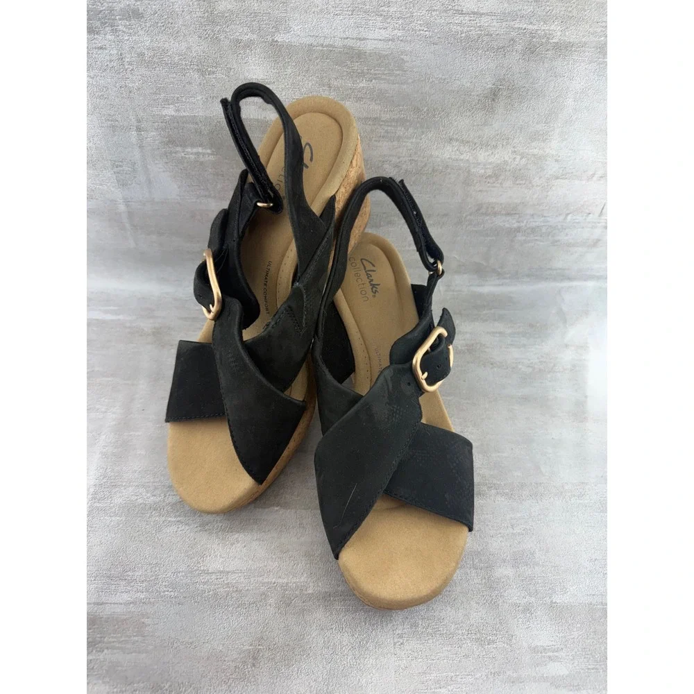 Clarks Collection Black Cork Wedge Sandals Ultimate Comfort Women Size 9.5M